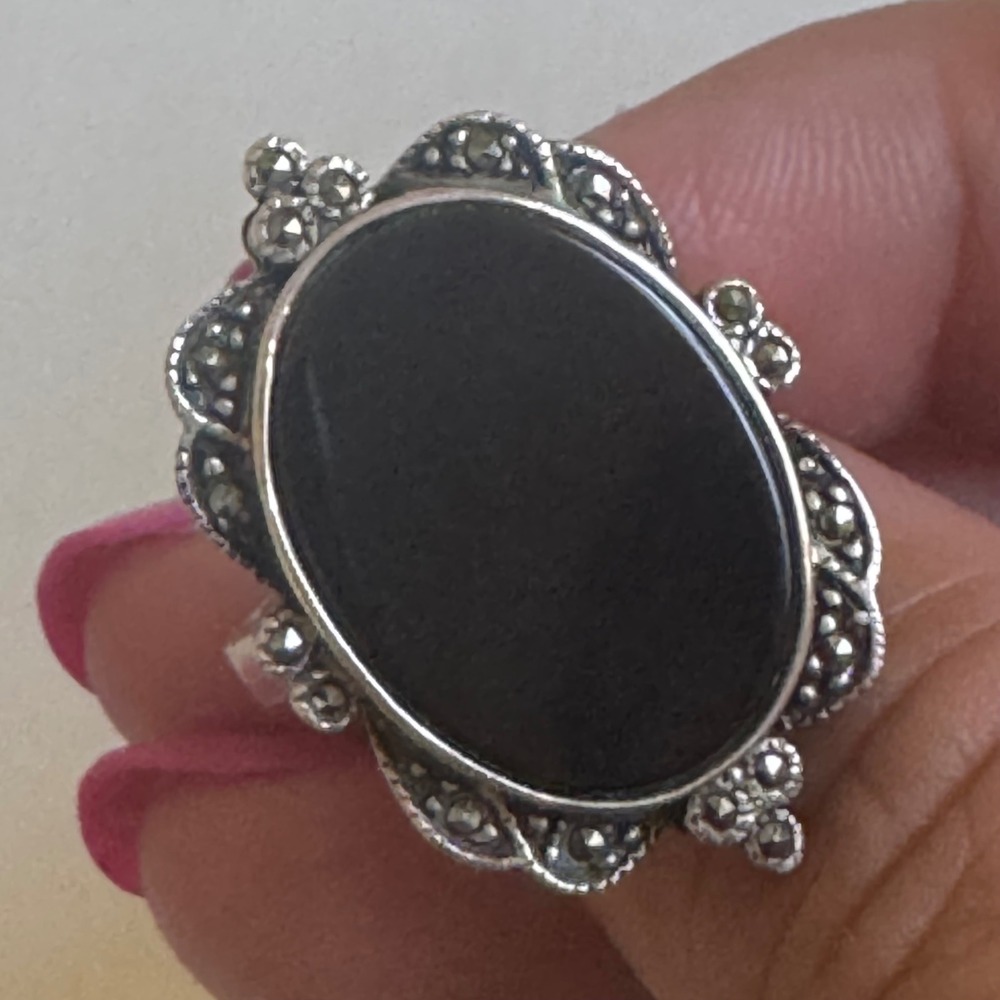 Vintage Sterling Silver Black Onyx Marcasite Statement Ring Size 9 1990's